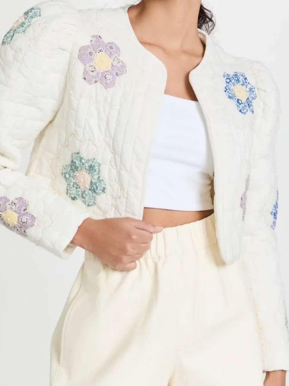 Sea Violette Quilted Floral-Appliqué Bomber Jacket